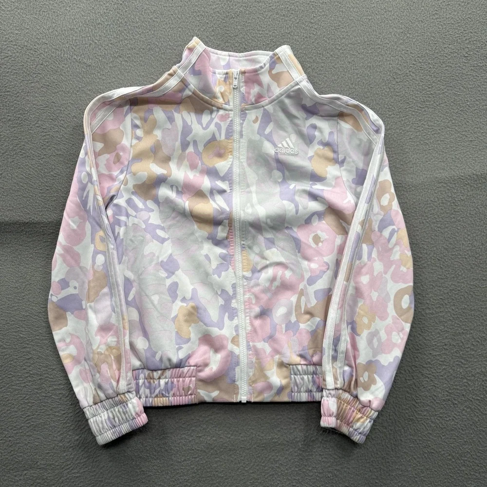 Adidas Track Jacket Girls 7/8 Multicolor Pastel Camo Full Zip 3 Stripe Athletic